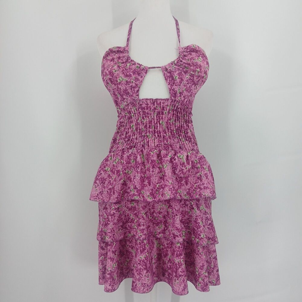 womans Pink purple Floral Smocked Tiered Halter Mini Dress sun dress size small